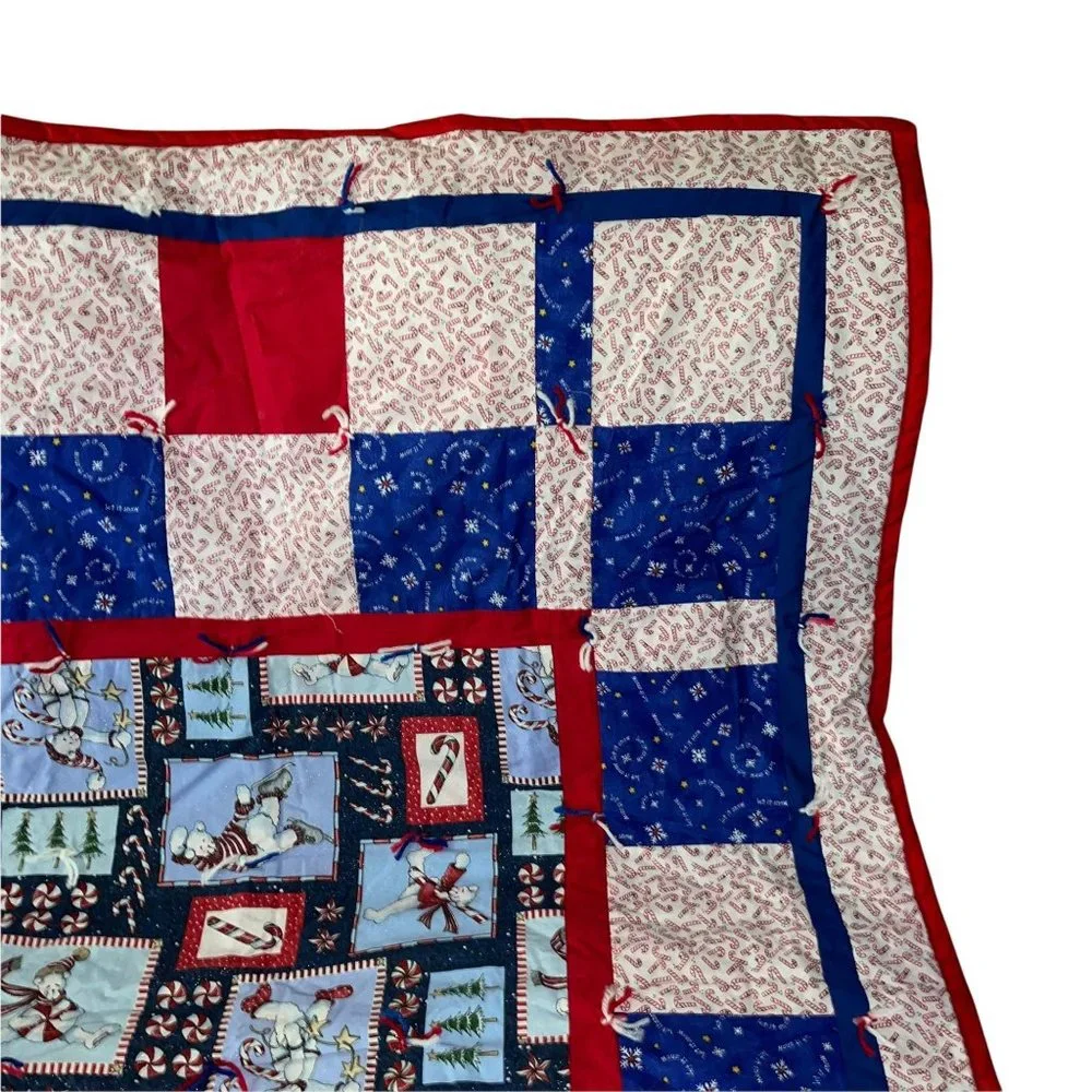 Vintage Handmade Hand Crafted Granny Square Quilt Christmas Holiday 57 X 44